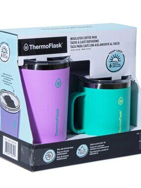 ThermoFlask Stainless Steel Insulated Coffee Mug Set, 2 Pack (Purple/Green)
